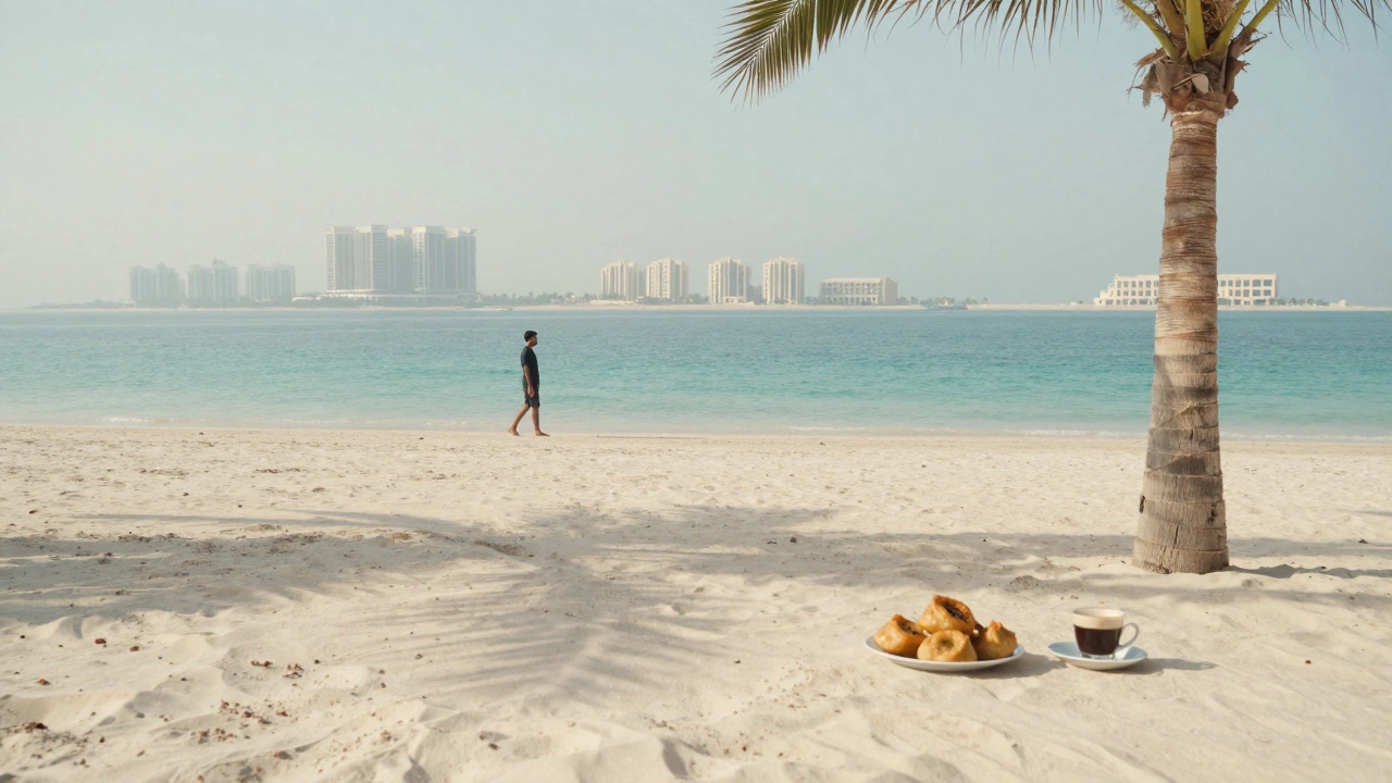 Serene Jumeirah Beach at sunrise with a lone walker and Emirati coffee and dates on the sand.