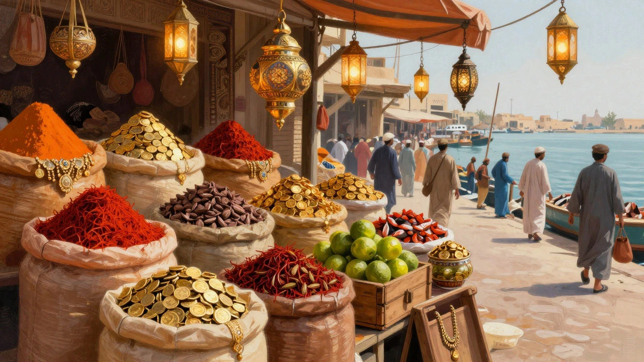 Vibrant spice souk in Deira with colorful sacks, gold jewelry, and fishermen by the creek.